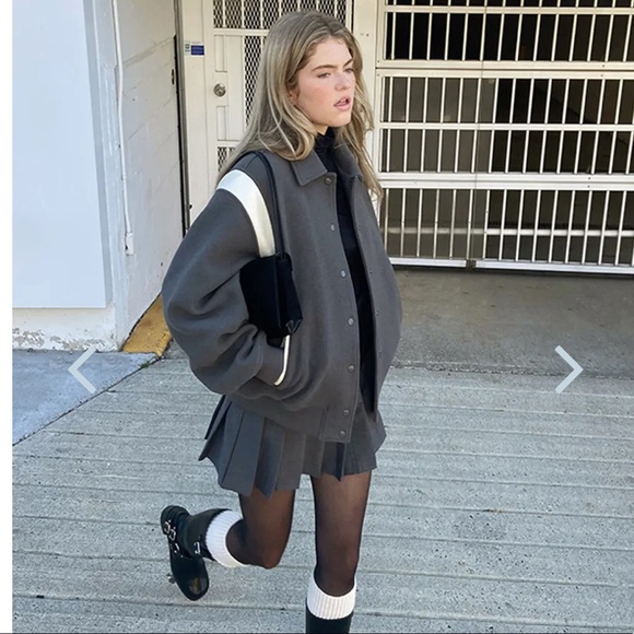 OAK + FORT Wool Varsity Bomber Jacket - Grey M/L - Picture 2 of 4